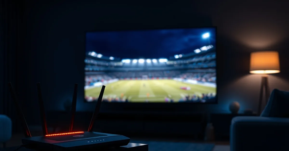 A dark modern living room lit by a glowing 4K television showing a sharp sports broadcast, with a router and cable visible on the media console