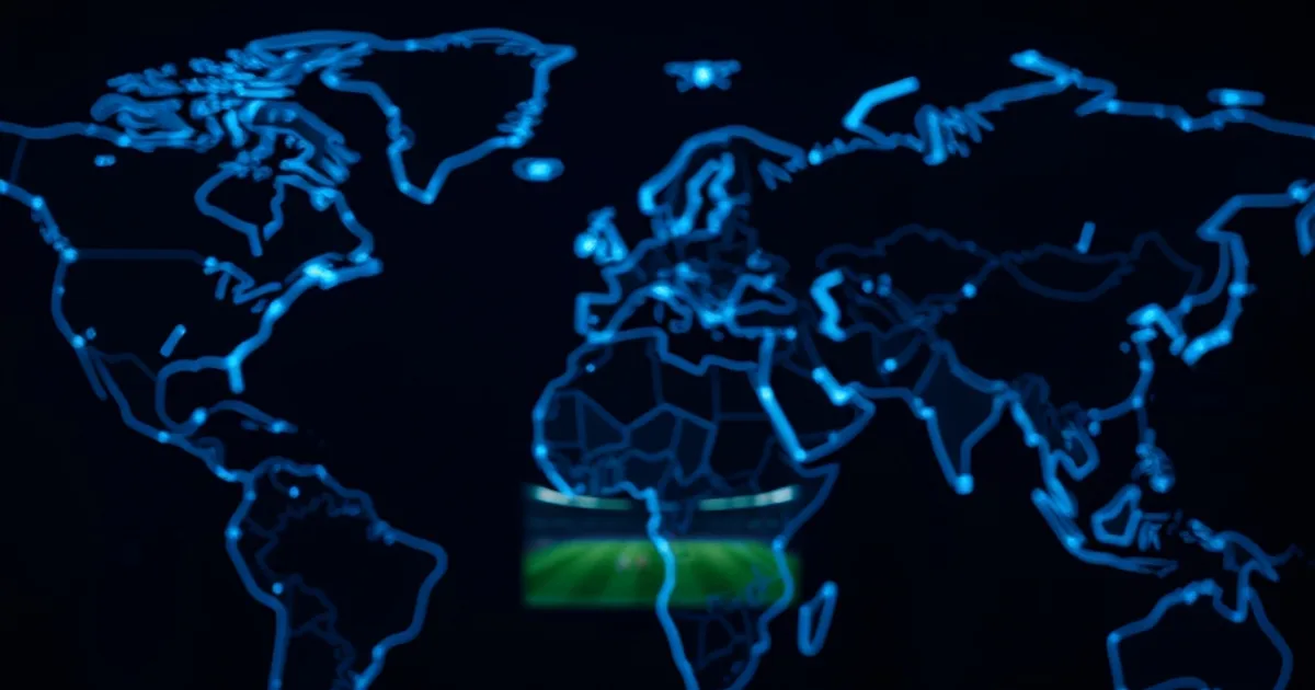 A glowing world map of connected light nodes behind a smartphone streaming a football match, symbolizing international access to streaming.