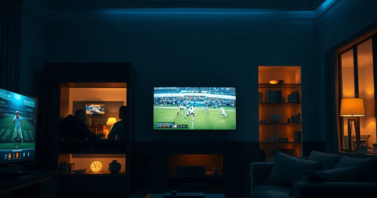 A dark cutaway view of a home at night with multiple rooms streaming different content on TVs and tablets simultaneously
