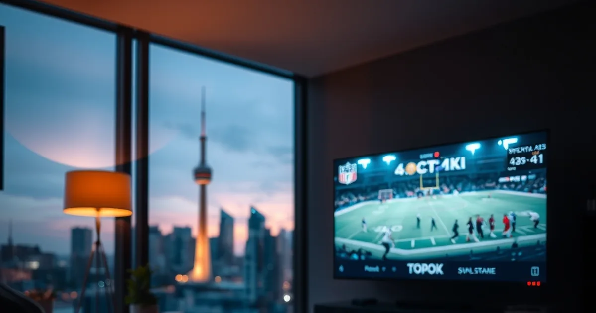 A dark, modern Toronto living room at dusk with a glowing TV screen and the city skyline visible through the window