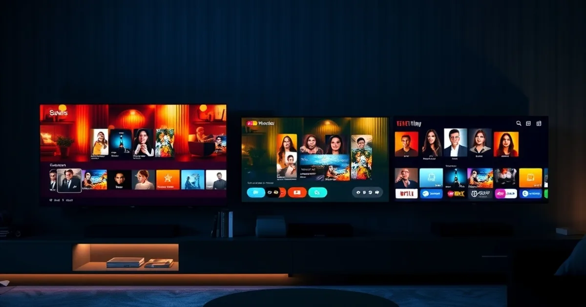 Three smart TVs glowing in a dark living room, each displaying a different streaming app interface