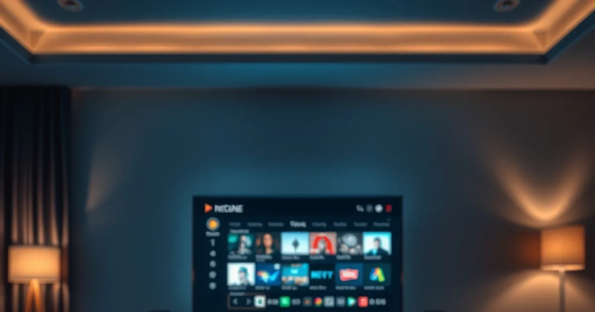 Dark living room at night with a TV showing a program guide grid and five remote controls arranged on a table in the foreground