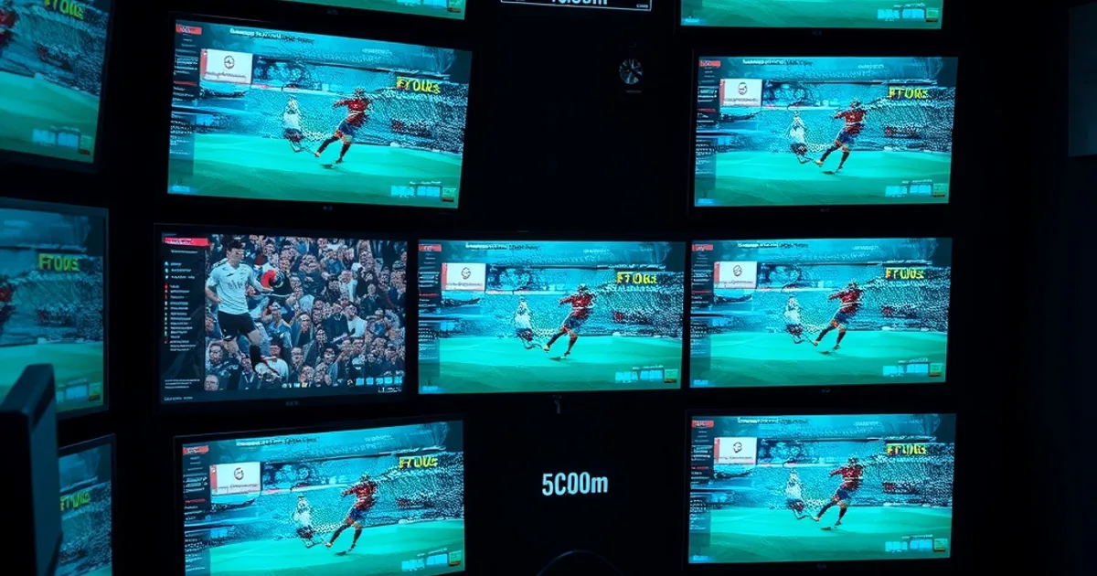 A dark room with a wall of screens streaming live football matches, each overlaid with a glowing bitrate stability graph during peak evening viewing hours