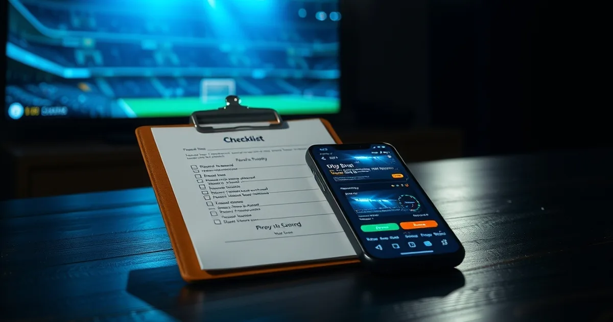 A checklist and smartphone on a dark desk lit by the blue glow of a television showing a floodlit stadium, symbolizing evaluating an IPTV subscription before committing