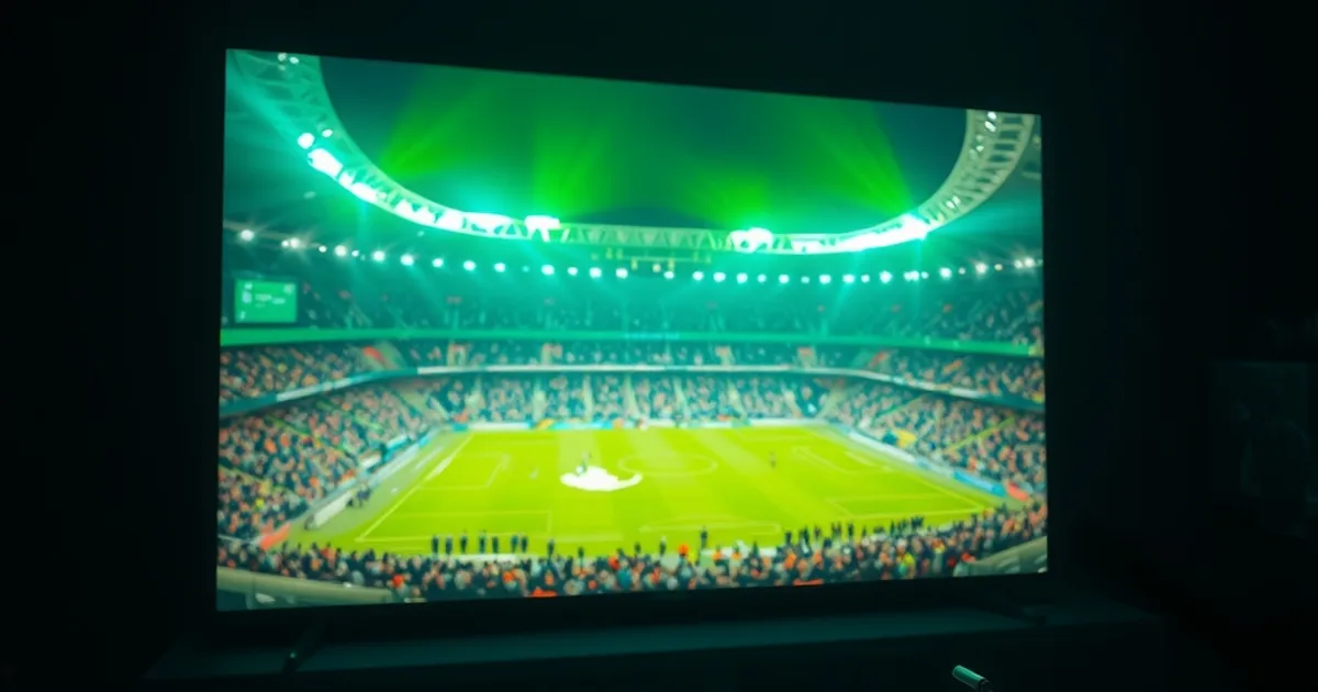 Dark home theater room with a 4K television displaying the glow of a floodlit football stadium match at night