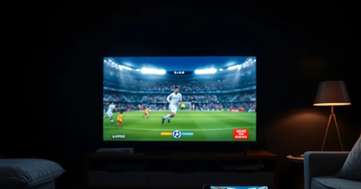 A dark living room at night, a large TV glowing with a live Champions League football match in sharp 4K, a phone and tablet on the coffee table also streaming, evoking several devices and households pulling the same feed at once under peak demand