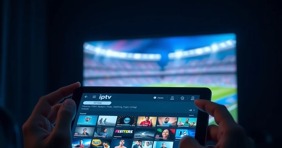 Close-up of hands testing an IPTV streaming app on a tablet at night, with a live football match glowing on a TV in the dark background