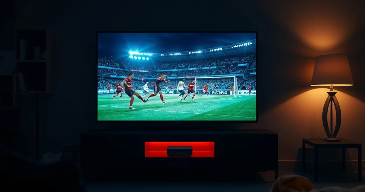 Dark home theater at night with a soundbar's glow slightly trailing behind a TV showing live football, illustrating an audio-video sync gap