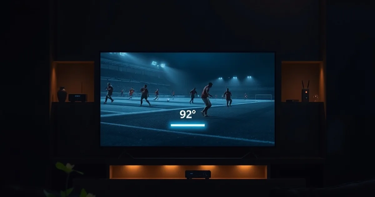 Dark living room lit by a television showing a frozen sports broadcast with a buffering icon, a router glowing faintly in the background