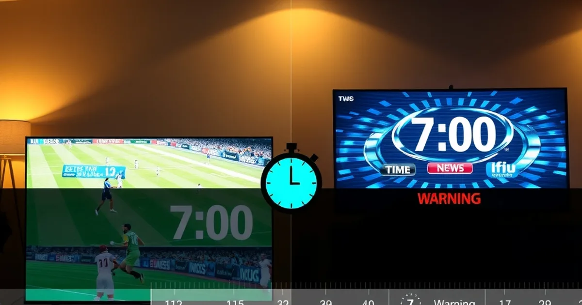 A split-screen home cinema scene at night: on the left a large TV shows a live sports broadcast with an on-screen programme guide displaying the exact correct show title and time, glowing green checkmark accent; on the right a second screen shows a glitchy, mismatched electronic programme guide with the wrong show name and a red warning clock icon, a stopwatch and a seven-day calendar strip overlaid between the two screens to suggest a multi-day accuracy test, warm modern living room lighting