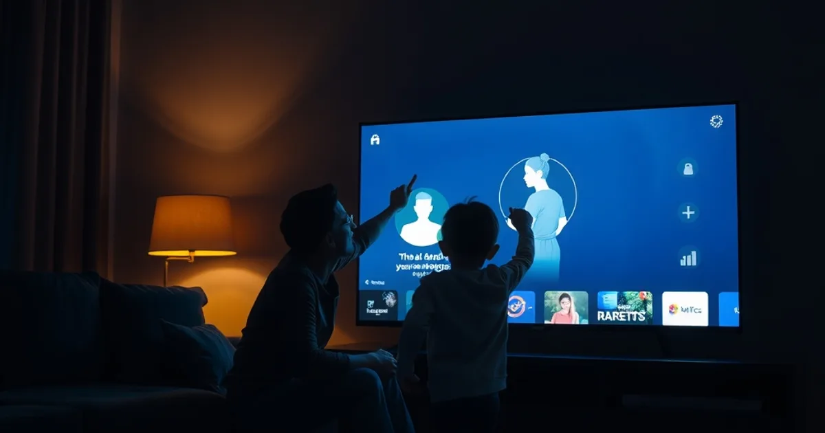 A parent and child sit in a dark living room selecting a viewing profile on a glowing smart TV screen.