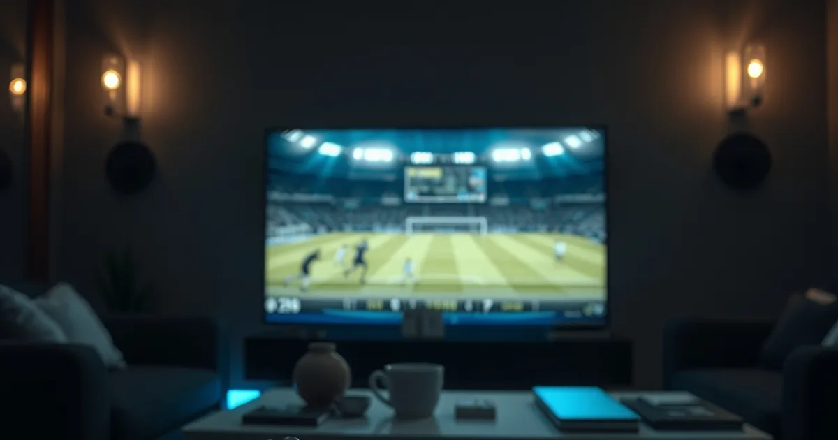 Dark living room lit by a TV showing a live football match, with a stopwatch and checklist notepad on a table in the foreground
