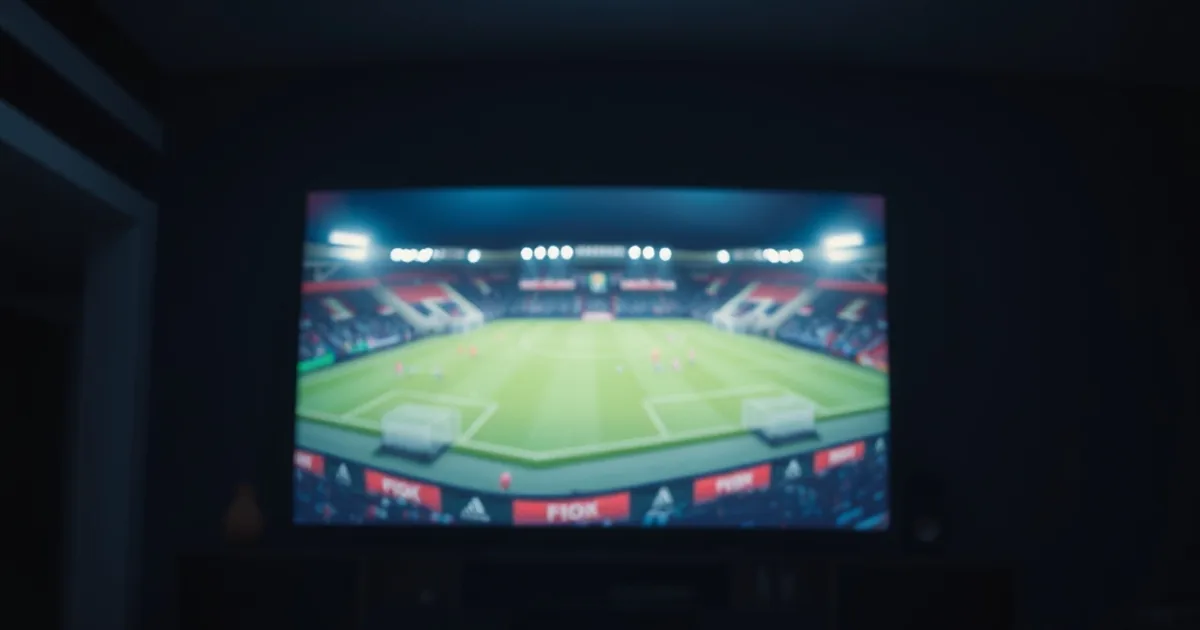 A PlayStation 5 and Xbox console side by side in a dark living room, with a TV displaying a football match in the background
