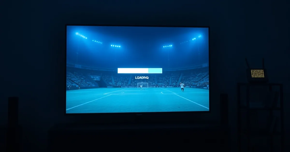 A television screen buffering during a night football match in a dimly lit living room, with a router visible in the background