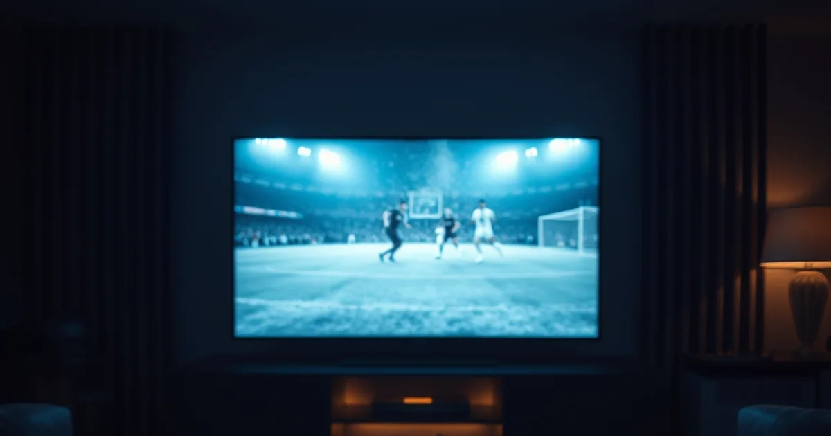 A dark living room at night with a TV frozen mid-buffer on a football match, a router blinking nearby