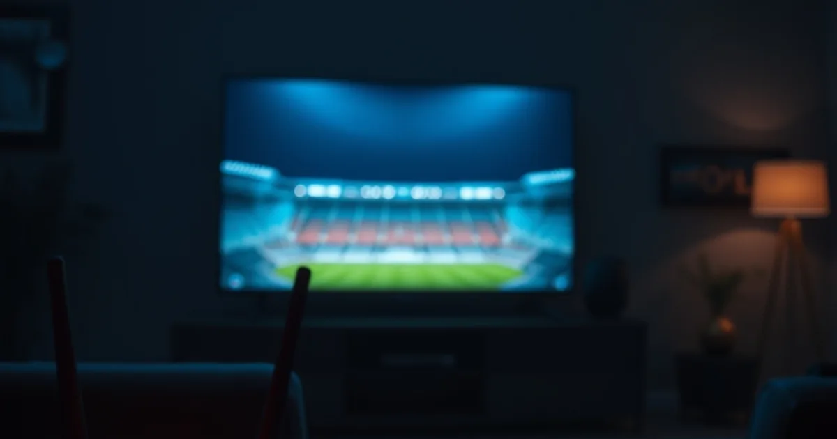 A dark living room lit by a television glowing with stadium floodlights, a router with active lights visible in the foreground and an ethernet cable running toward the TV console