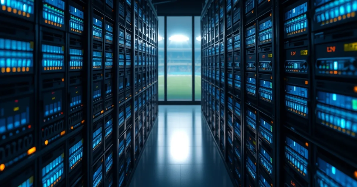 Dark data center server racks with glowing status lights, evoking live-event streaming infrastructure under peak load