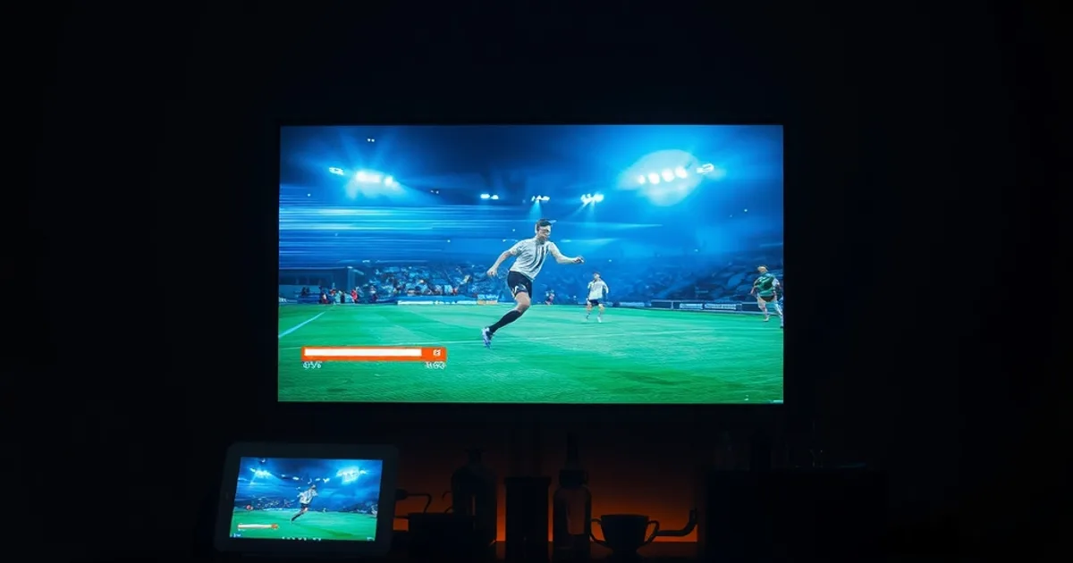 A dark living room lit by a television showing a live football match with a subtle buffering glitch, a second screen streaming in the background kitchen