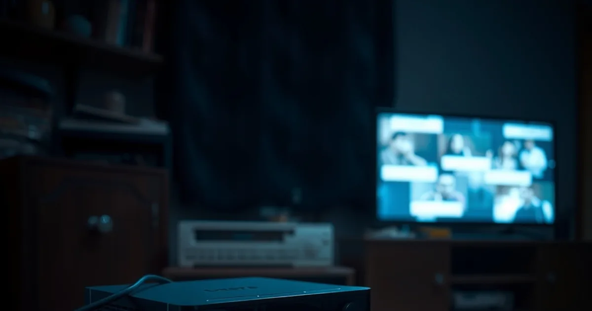 A dimly lit living room at night with an unbranded set-top box glowing beside a TV, evoking the uncertainty of unlicensed IPTV devices