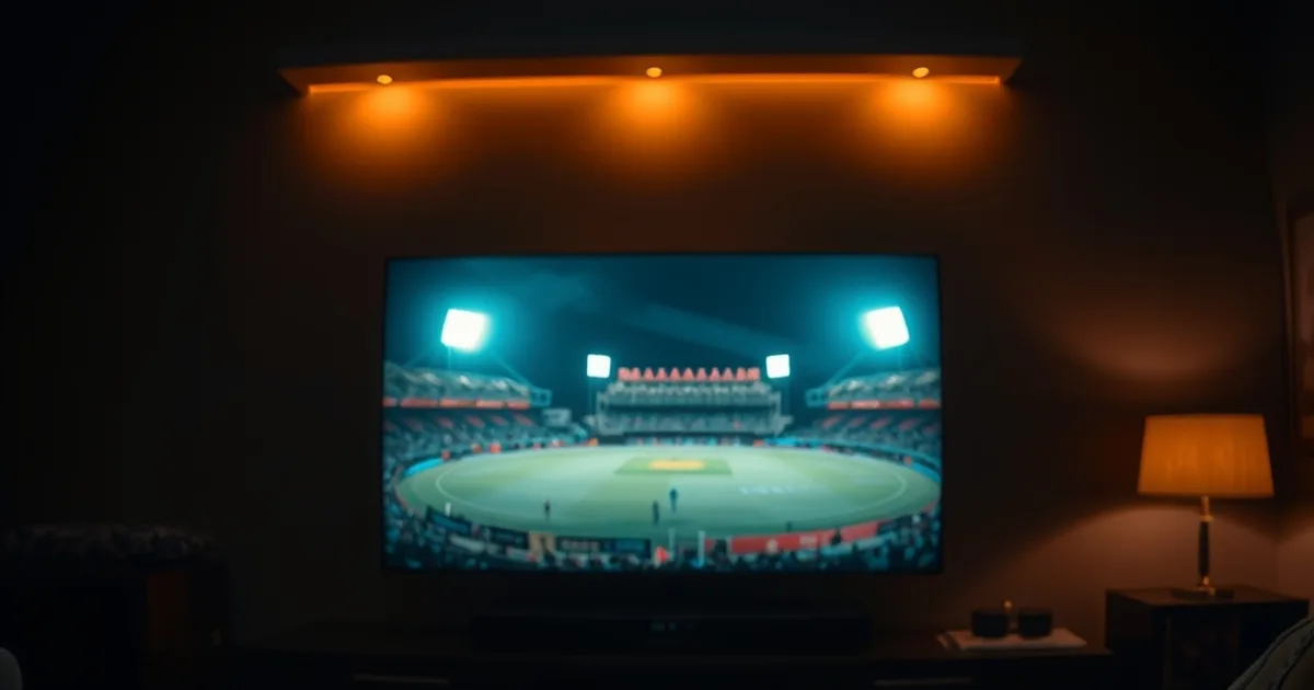 A dark living room lit by a TV showing a floodlit cricket stadium match at night, with a smartphone glowing on a side table