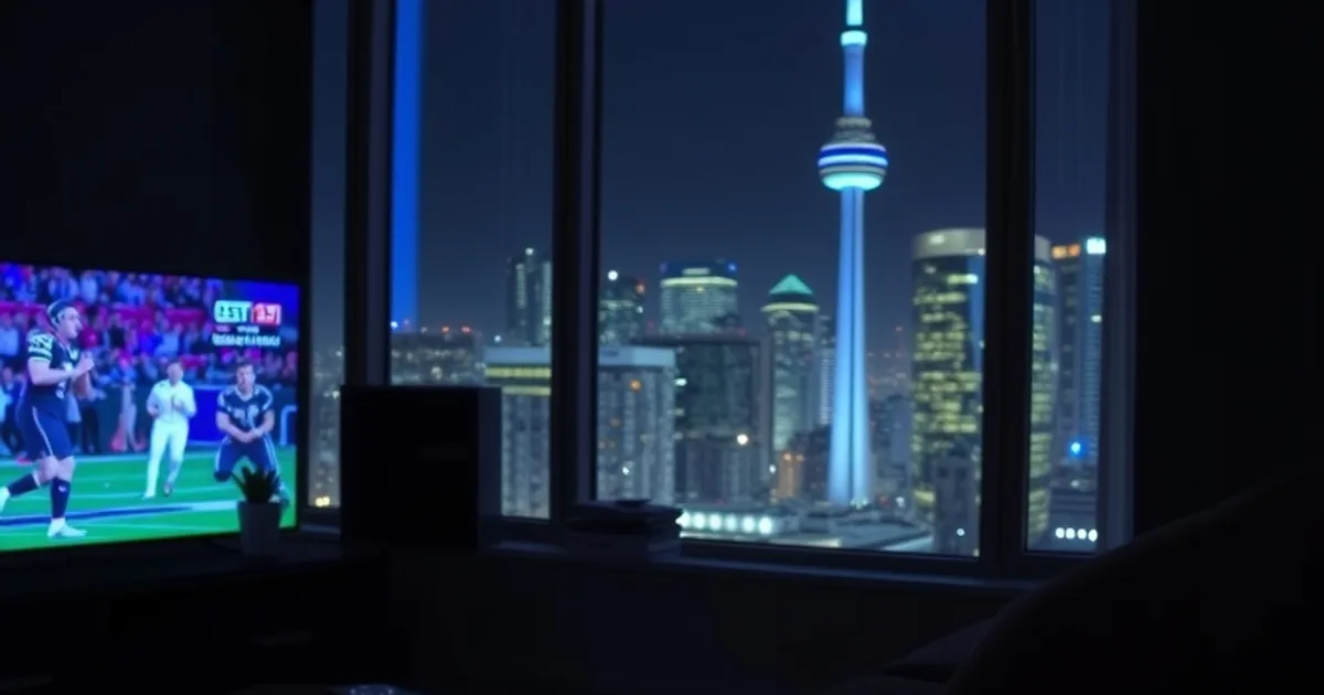 Dark, cinematic Toronto living room at night with the CN Tower visible through the window and a TV glowing with a live sports broadcast