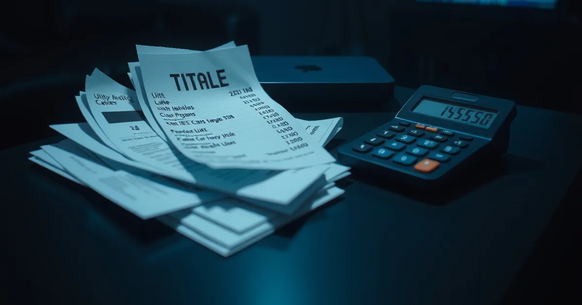A stack of bills and a calculator on a dark kitchen table at night, lit by a laptop, with a streaming device and TV glowing softly in the background