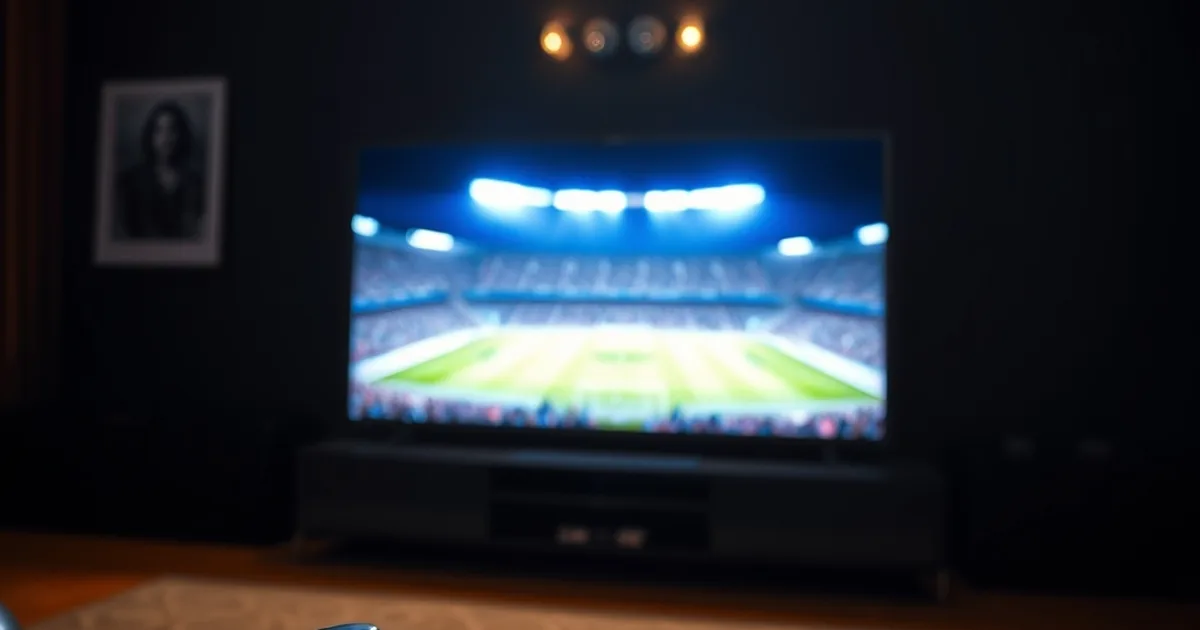 A dark living room at night lit by the glow of a 4K television showing a floodlit football pitch, remote control in the foreground