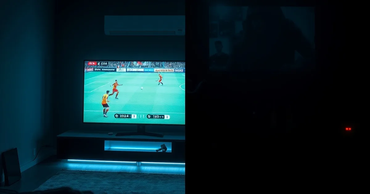 Split cinematic scene contrasting a clean, secure home streaming setup glowing with a live match against a dim, cluttered, flickering setup symbolizing risky unlicensed streaming.