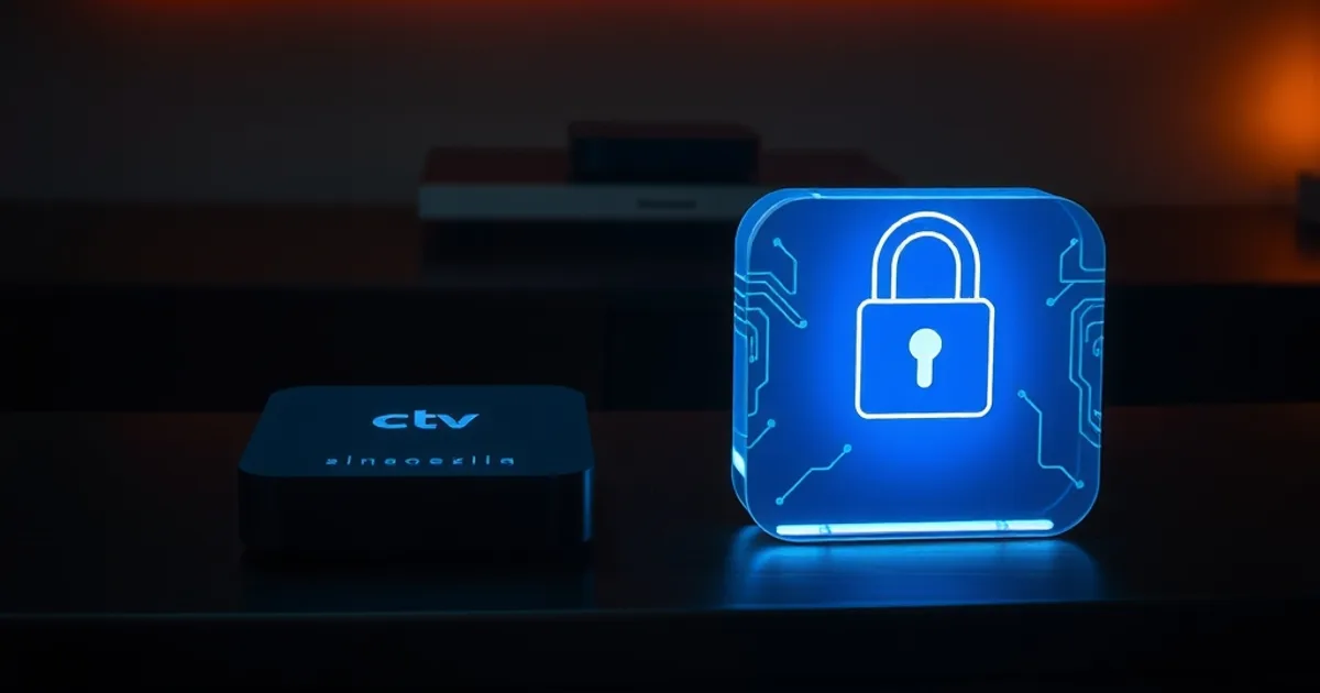 Two dark streaming devices on a media console in front of a TV, one glowing openly and the other behind a faint translucent barrier