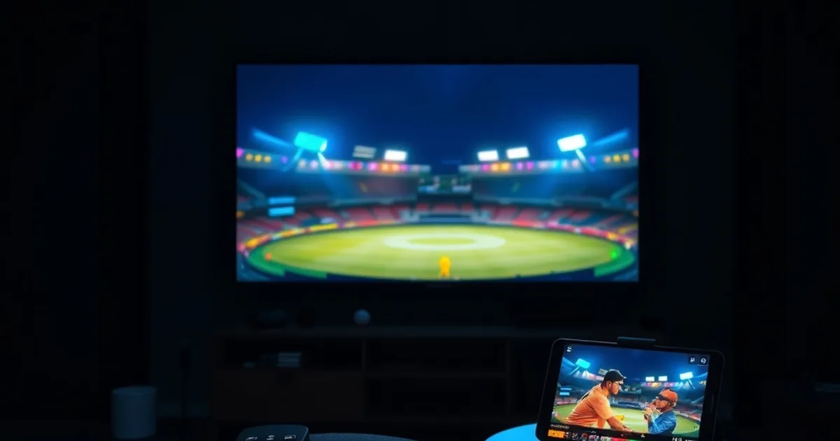 A dark home theater at night with a cricket stadium night match glowing on the main screen, a tablet and phone nearby also streaming the game.