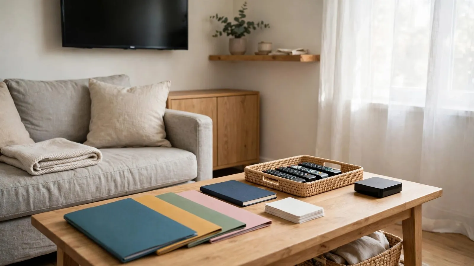 Living room with wall-mounted switched-off TV, sofa, and table with colored document folders and small notebooks.
